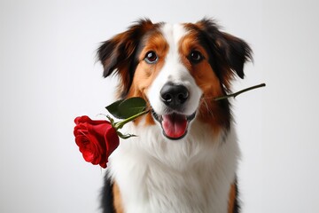 Cute portrait dog sitting and looking at camera with red rose in its mouth, isolated on a white background, concept for holidays and greetings - obrazy, fototapety, plakaty