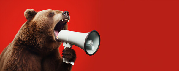 Bear with megaphone announcing the bear market in stocks - obrazy, fototapety, plakaty