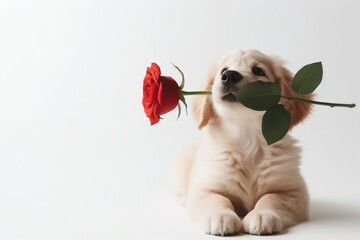 Valentine's Day concept. Funny portrait cute dog puppy with red rose flower in his mouth, isolated on a white background. Lovely dog in love gives a gift on Valentine's Day - Powered by Adobe
