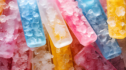 Close-Up of a Pile of Randomly Arranged Ice Pops on a Frosty Desktop, Top View.