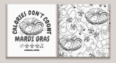 Seamless Mardi Gras pattern, label with traditional king cake, cinnamon, apples, string of beads, Fleur de Lis sign, text. Festive holiday design. Vintage illustration for prints, clothing. Not AI