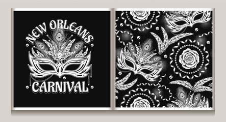 Seamless pattern, label with carnival masquerade masks, feathers, party streamers, rose flower on black background. Detailed vintage illustration for prints, apparel, clothing, surface design. Not AI