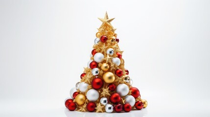 White Christmas tree with red and gold decorations, on a plain white background, Hasselblad quality,