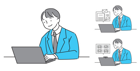 ラップトップで仕事するスーツの男性セット