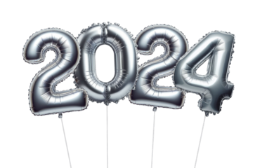 New Year 2024 celebration. Silver balloons. 2024 balloons. Isolated white background. Party, greeting card, Advertising, Anniversary