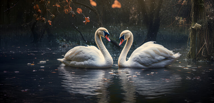 Image of two swans in a pond.