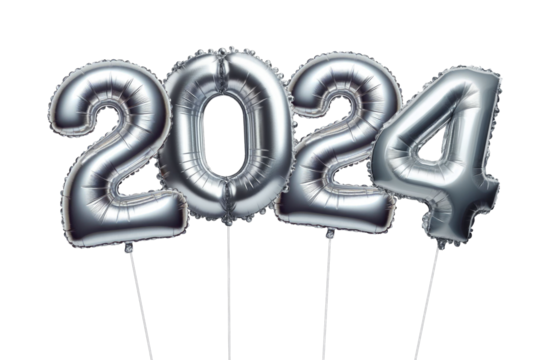 New Year 2024 celebration. Silver balloons. 2024 balloons. Isolated white background. Party, greeting card, Advertising, Anniversary