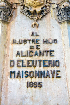 Architectural feature of the Deleuterio Maisonnave Monument (1895) , Alicante, Spain