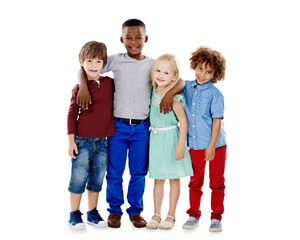 Portrait, friends and hug with group, children and happiness isolated on a transparent background....