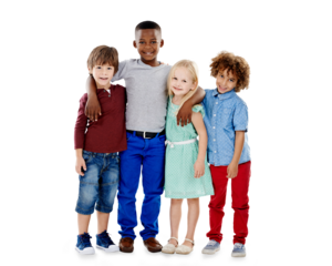 Portrait, friends and hug with group, children and happiness isolated on a transparent background. People, models and kids with joy, smile or embrace with png, cheerful and fashion with fun or casual