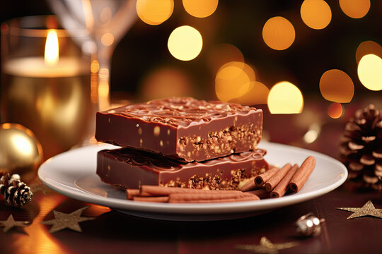 tabletas de turr&oacute;n de chocolate con almendras dentro de un plato con vainilla sobre la  mesa, y fondo de decoraci&oacute;n navide&ntilde;a desenfocado