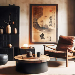 Cultural Fusion: Leather Chair and Table in a Modern Japanese