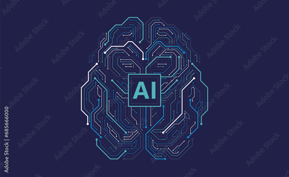 Poster ai chipset on brain with circuit board background. futuristic concept. high-tech technology backgrou