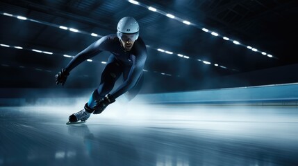 A man speed skating photo realistic illustration - Generative AI. - obrazy, fototapety, plakaty