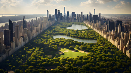 Aerial view of the Central park in New York with golf fields and tall skyscrapers surrounding the park. Generative AI.
