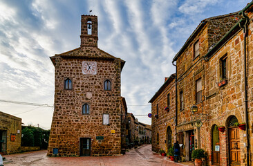 Town hall and main square of the medieval town of Sovana Tuscany Italy