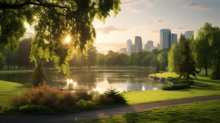 Beautiful panorama of green city park at dawn. Generative AI.