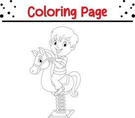 cute boy ding rocking horse coloring page