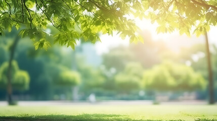 Blur park garden tree in nature background, blurry green bokeh light outdoor in summer background. Generative AI. - obrazy, fototapety, plakaty