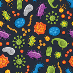 Microbes, Bacteria and Virus Seamless Pattern. Dark Background. Vector