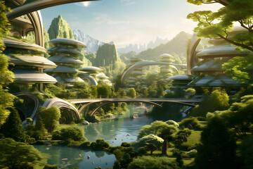 Fototapeta premium green forest with a futuristic city and a futuristic ecological house. Generative AI.
