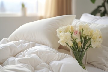 Fototapeta na wymiar White folded duvet on bed preparing for winter season, household textile for hotel or home
