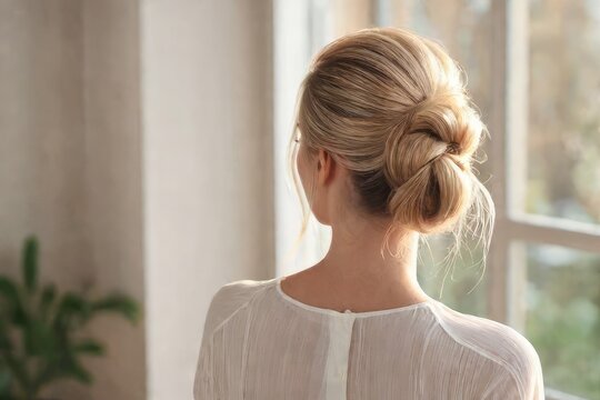 Blonde girl with low bun hairstyle, back view