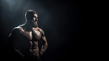 MMA fighter, muscular athletic man. Boxer and athlete on dark black background.