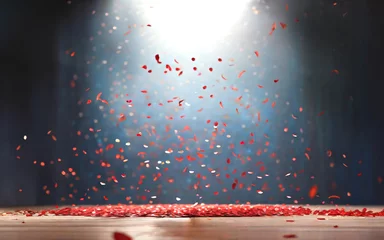 Fotobehang スポットライトの中赤い花びらが舞い落ちるドラマチックな舞台背景 © 桜 マチ