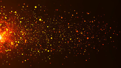 Colorful animation of bright particles flying horizontally. Dynamic particles randomly float in slow motion in space. Shimmering sparkling particles. Real colored particles in the air. 3d