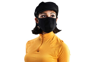 Woman, fashion and face mask or retro, cool and trendy or vintage, isolated and transparent png...