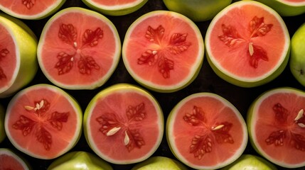 Slices of guava on a wooden background. Top view. Vegan Concept. Healthy Food Concept with copy space.