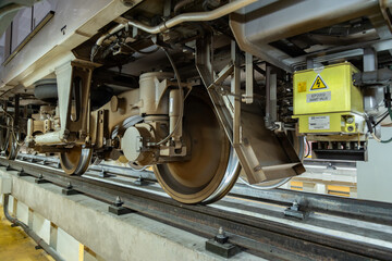 Railway system maintenance center Train parts and track systems in a train depot