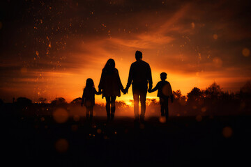 Silhouette of family walking on the road with sunset background.