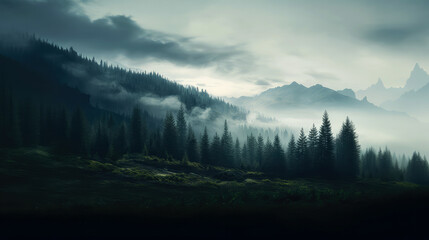 Foggy mountain landscape with coniferous forest in the foreground