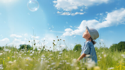 Cute little girl in hat blowing soap bubbles in green meadow