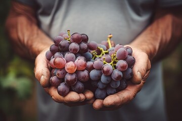 In a vineyard, a man's hand harvests ripe grapes, representing the essence of organic winemaking in...