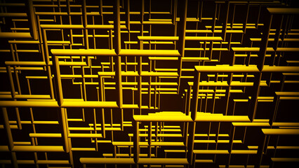 Abstract background with yellow squares and gold frames on a dark background. Abstract yellow grid background rendered in 3d.