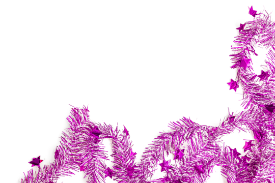 flat lay of Christmas party with purple garland with transparent background, top view