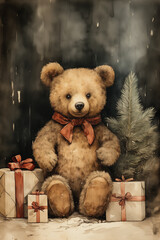 Teddy bear. Christmas New Year Drawing illustration of vintage greeting card watercolor 2:3, [2:3]