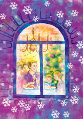 Illuminated window on Christmas evening: Family at the Christmas table at home. Digital illustration