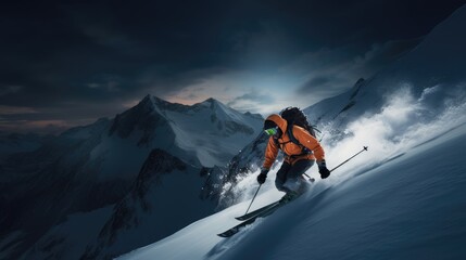A man skiing on a steep mountain photo realistic illustration - Generative AI. - obrazy, fototapety, plakaty