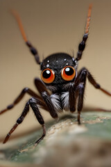 Close up of a jumping spider with orange eyes. Shallow depth of field.