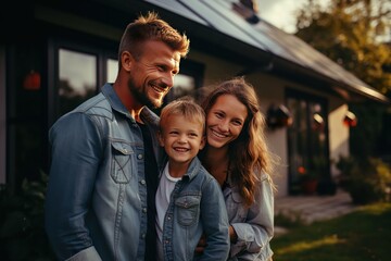 A happy couple and a large house with solar panels installed.