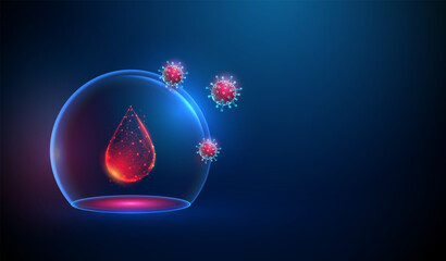 Abstract red drop of blood in transparent glass cupola with attacking viruses. Low poly style. Virus protection concept