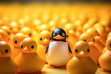 Rubber Penguin Among Yellow Rubber Ducks, One among other concept - obrazy, fototapety, plakaty