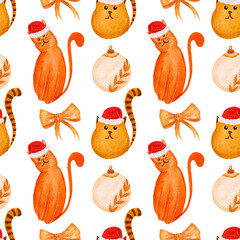 Watercolor pattern with ginger cats in Christmas hats, toy and bow on a white background. For New Year, wrapping etc.