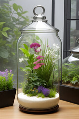Glass jar with different plants and flowers on the table in the room