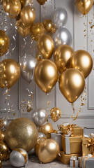 Obraz na płótnie Canvas pattern, New Year decoration, happy new year, balloons, realistic, eve, champagne, silver, gold, blank space, write, glitter, luxury, design, ano novo, beautiful, december, january, Generative AI