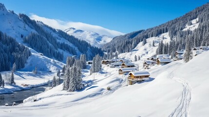 Ski resort in the snowy mountains, active winter holidays